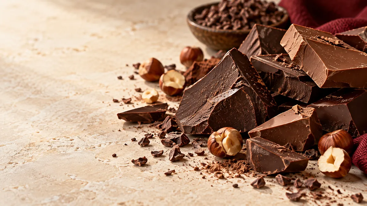 Illustrative luxury chocolate from Jordan: milk and dark chocolate pieces with hazelnuts
